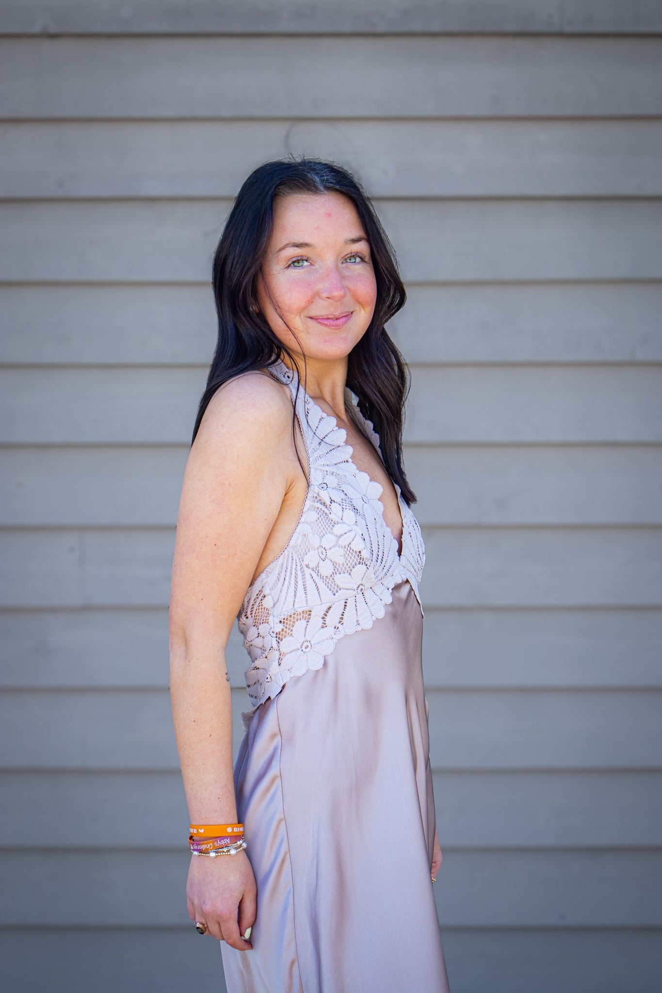 Free People - Petal Party Lace & Satin Halter Midi Slip Dress - Mushroom