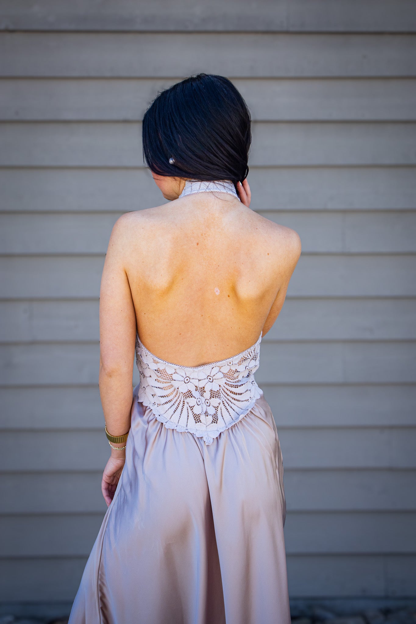 Free People - Petal Party Lace & Satin Halter Midi Slip Dress - Mushroom