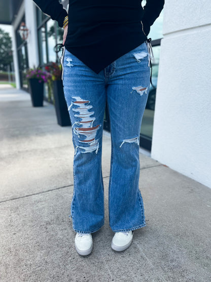 Hidden - Light Wash Heavy Distressed Flare