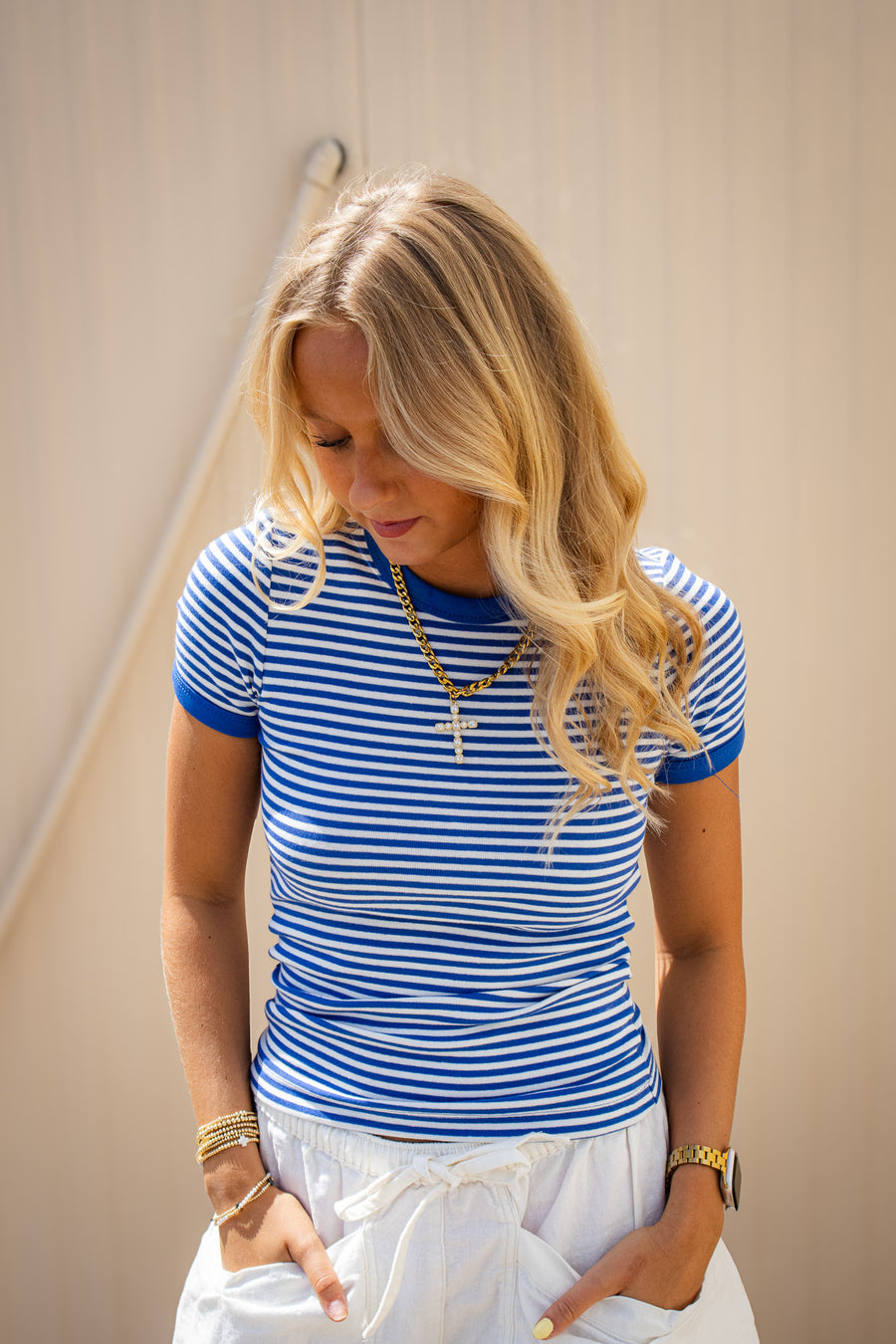 Blue & White Striped Fitted Tee
