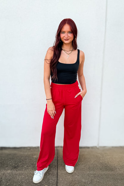 Red Trackside Stripe Wide-Leg Athleisure Pants - Red