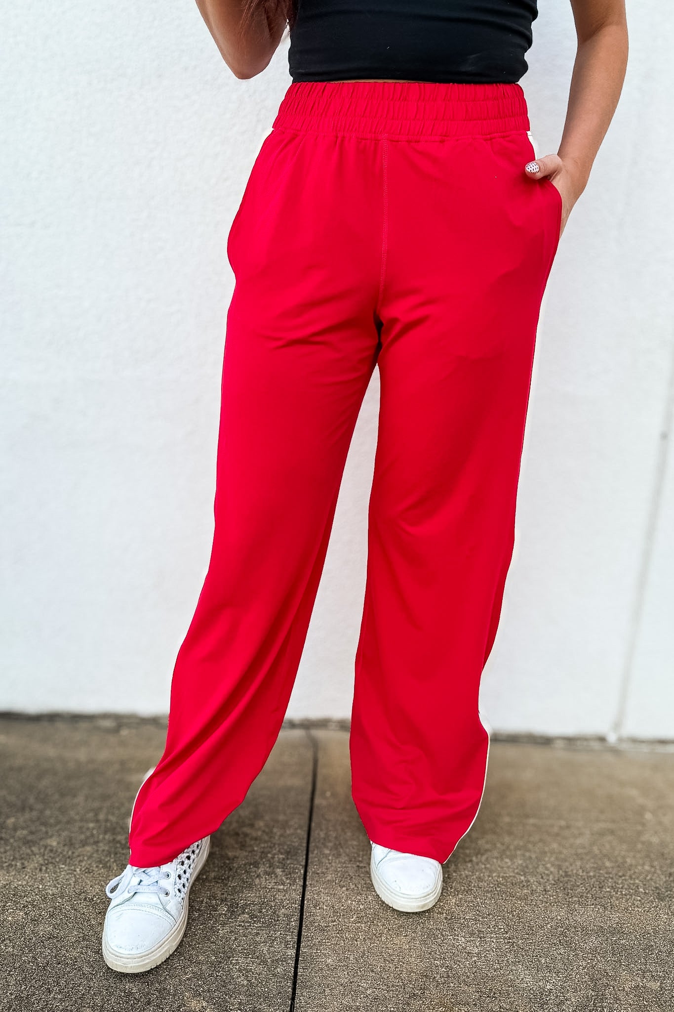 Red Trackside Stripe Wide-Leg Athleisure Pants - Red