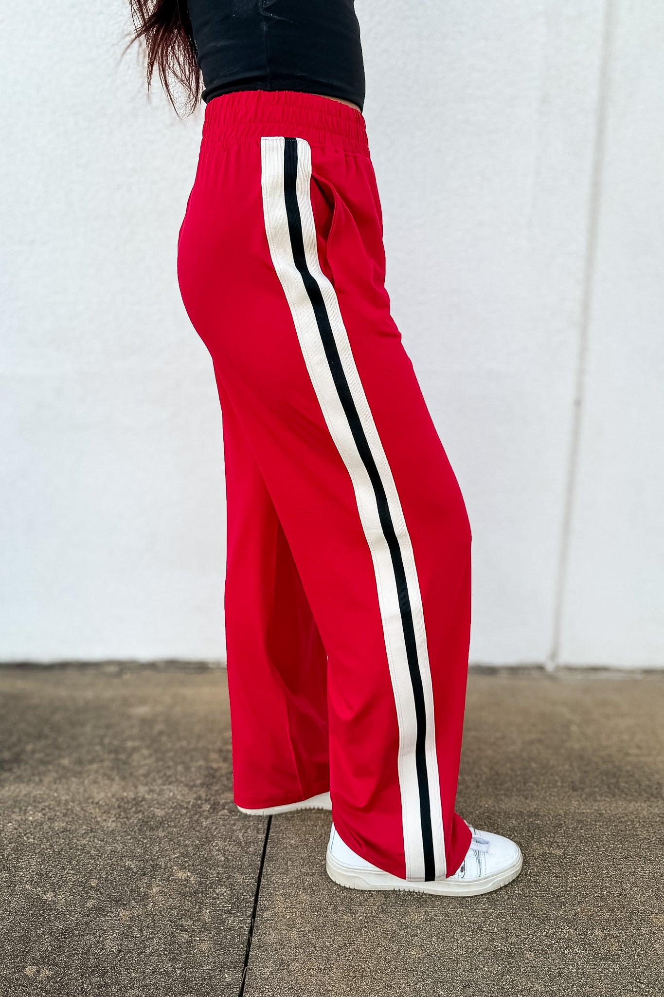 Red Trackside Stripe Wide-Leg Athleisure Pants - Red