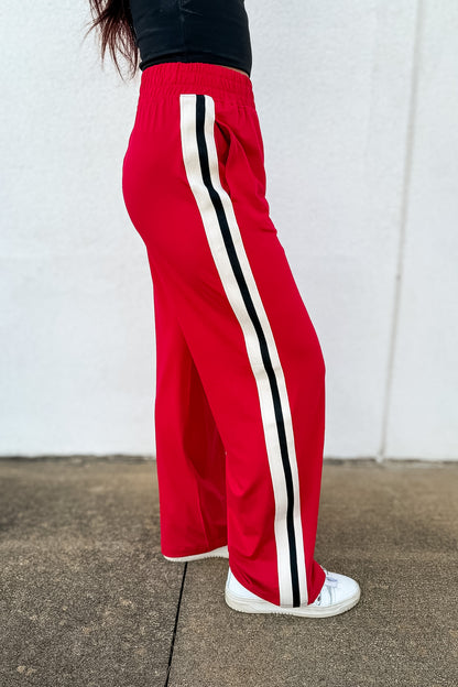 Red Trackside Stripe Wide-Leg Athleisure Pants - Red