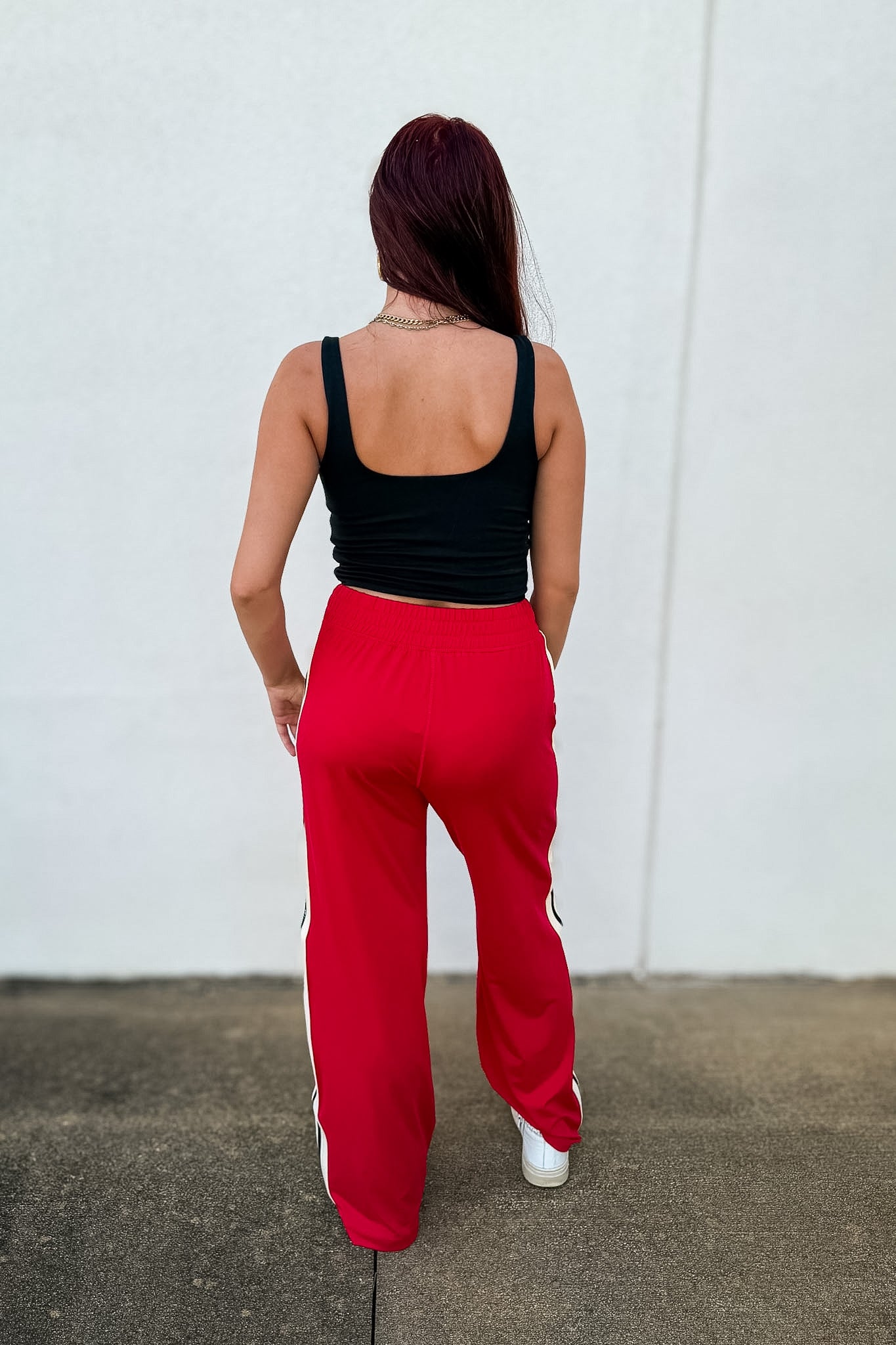 Red Trackside Stripe Wide-Leg Athleisure Pants - Red