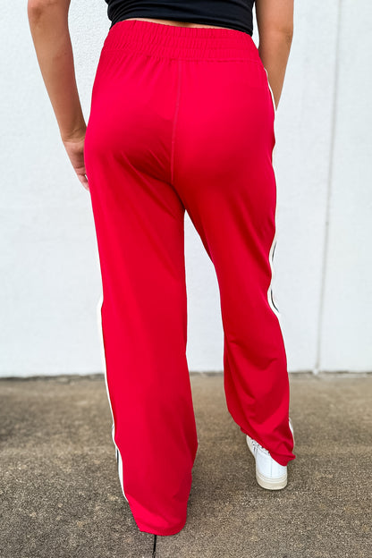 Red Trackside Stripe Wide-Leg Athleisure Pants - Red