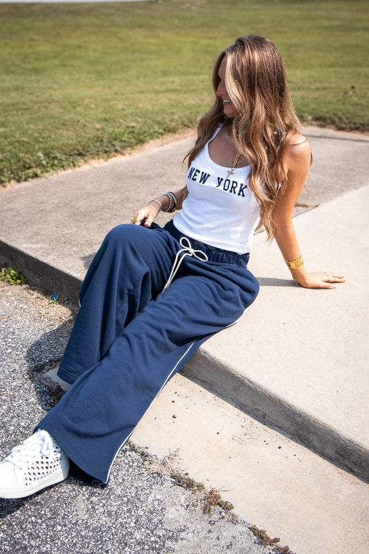 Fold Over Wide Leg Sweatpants - NAVY