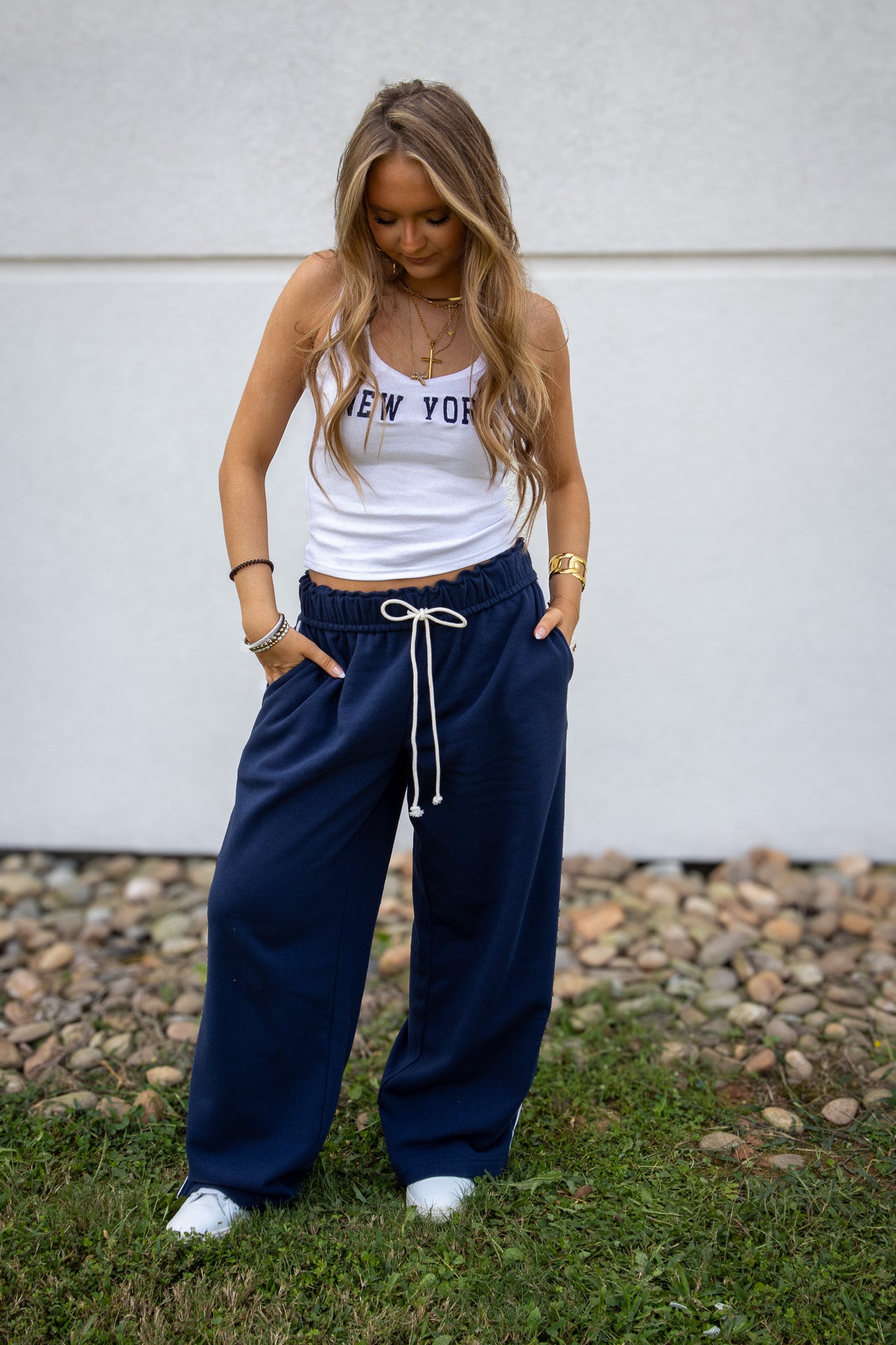 Fold Over Wide Leg Sweatpants - NAVY