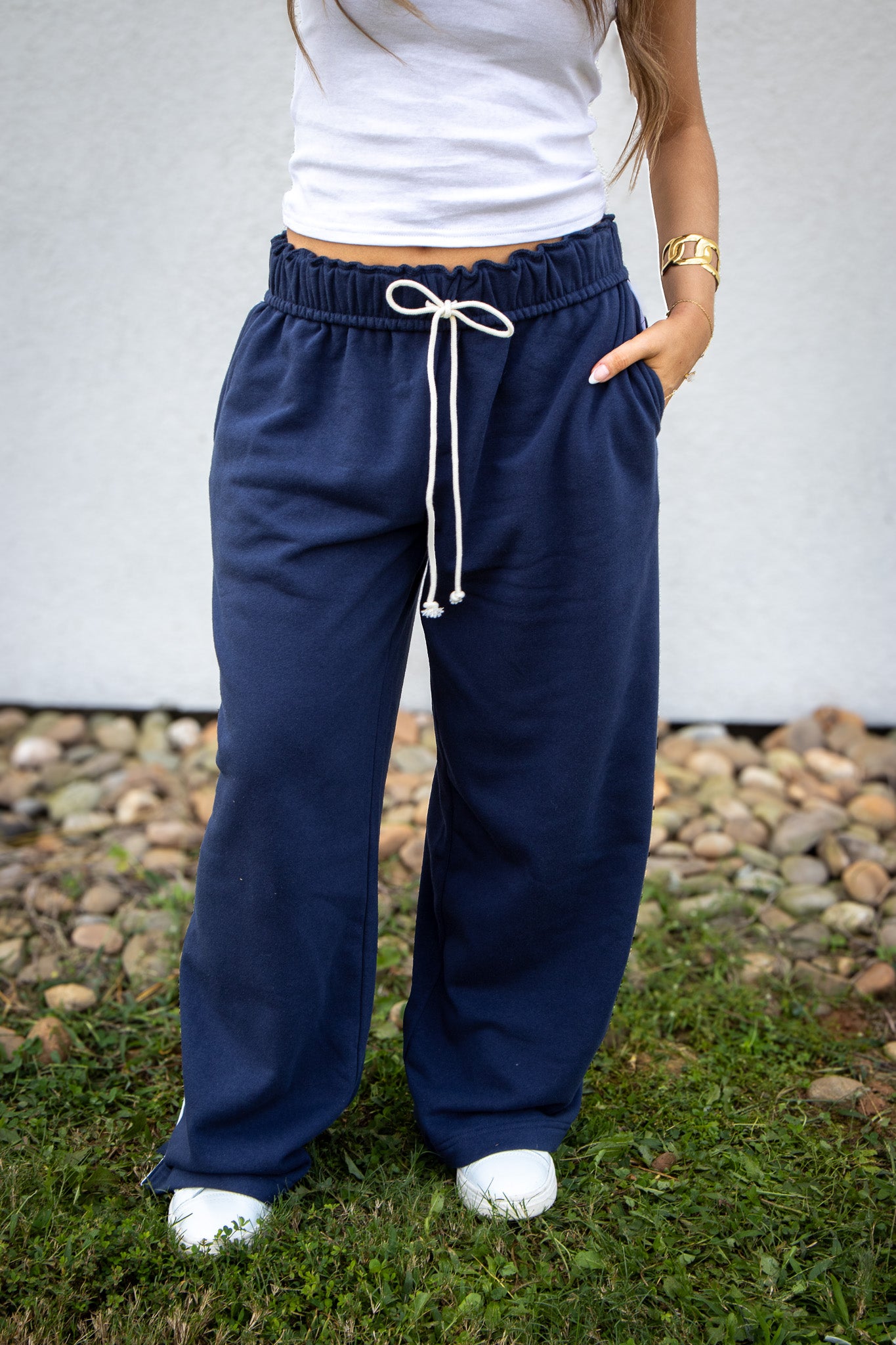 Fold Over Wide Leg Sweatpants - NAVY