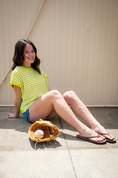 Lime Green Striped Open Back Knit Tee - Relaxed Textured Top