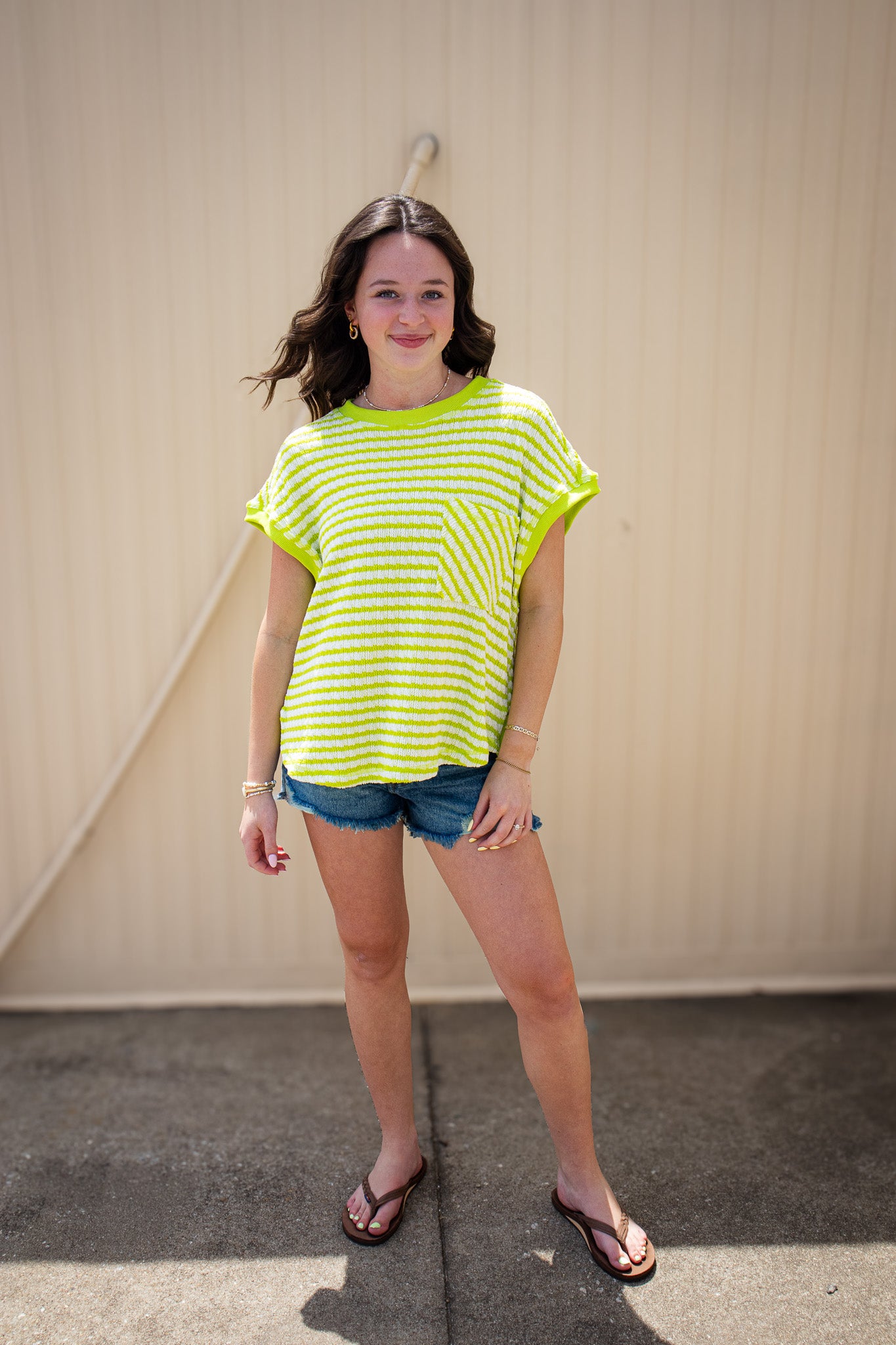 Lime Green Striped Open Back Knit Tee - Relaxed Textured Top