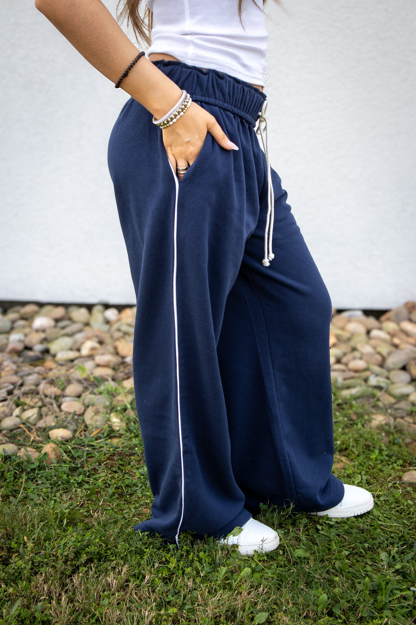 Fold Over Wide Leg Sweatpants - NAVY