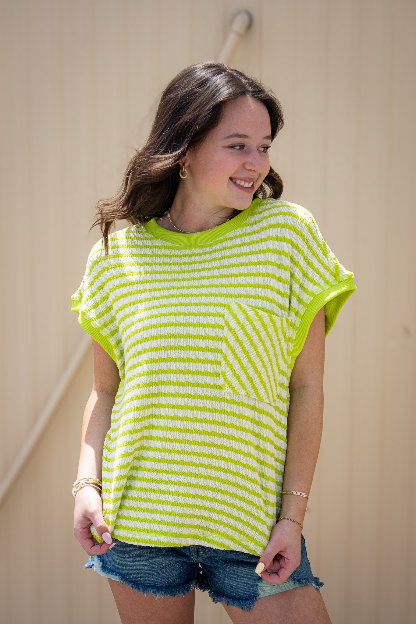 Lime Green Striped Open Back Knit Tee - Relaxed Textured Top