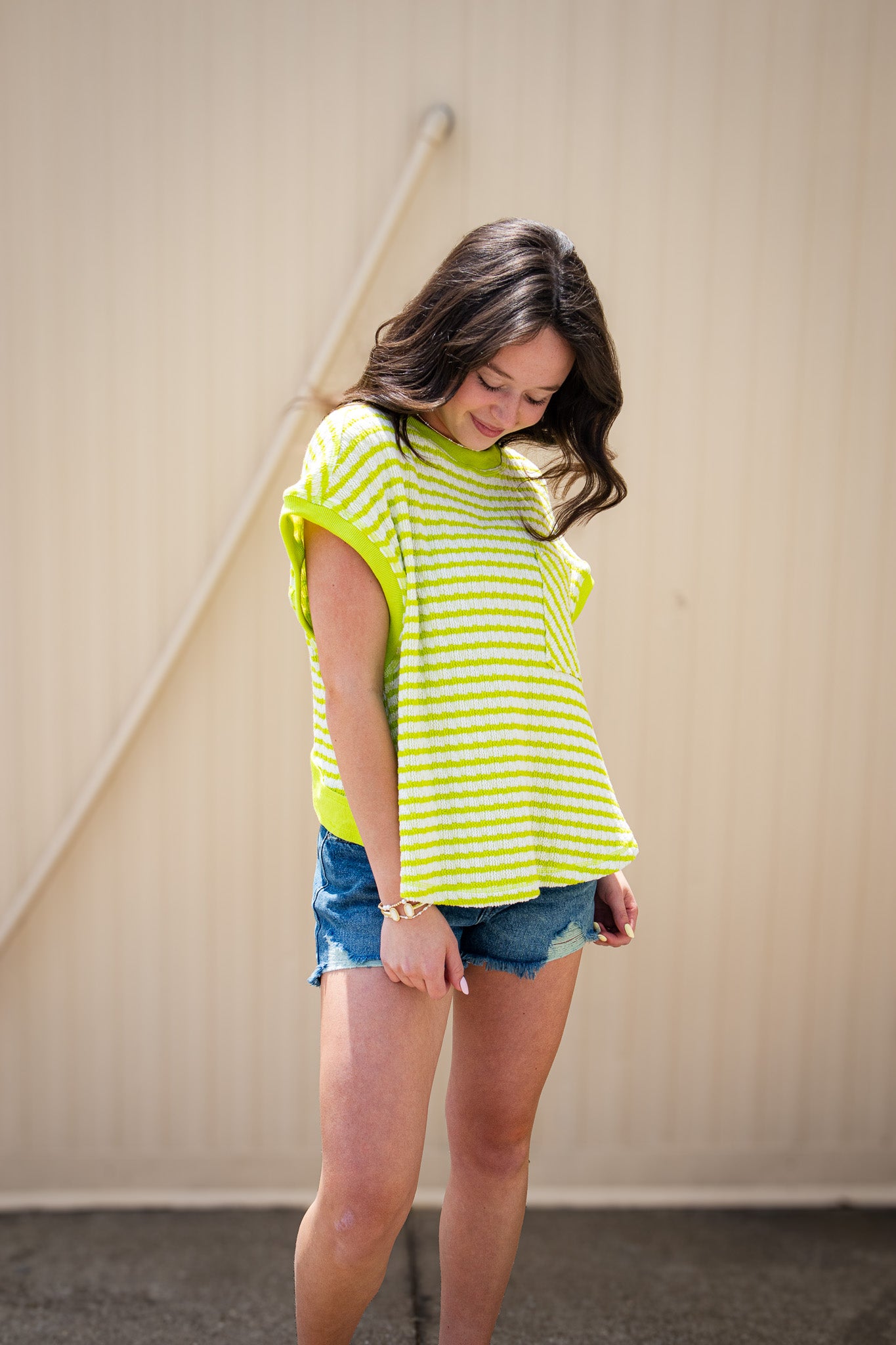Lime Green Striped Open Back Knit Tee - Relaxed Textured Top