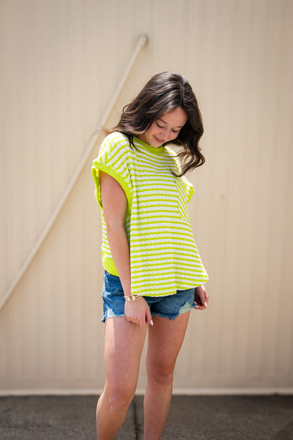 Lime Green Striped Open Back Knit Tee - Relaxed Textured Top