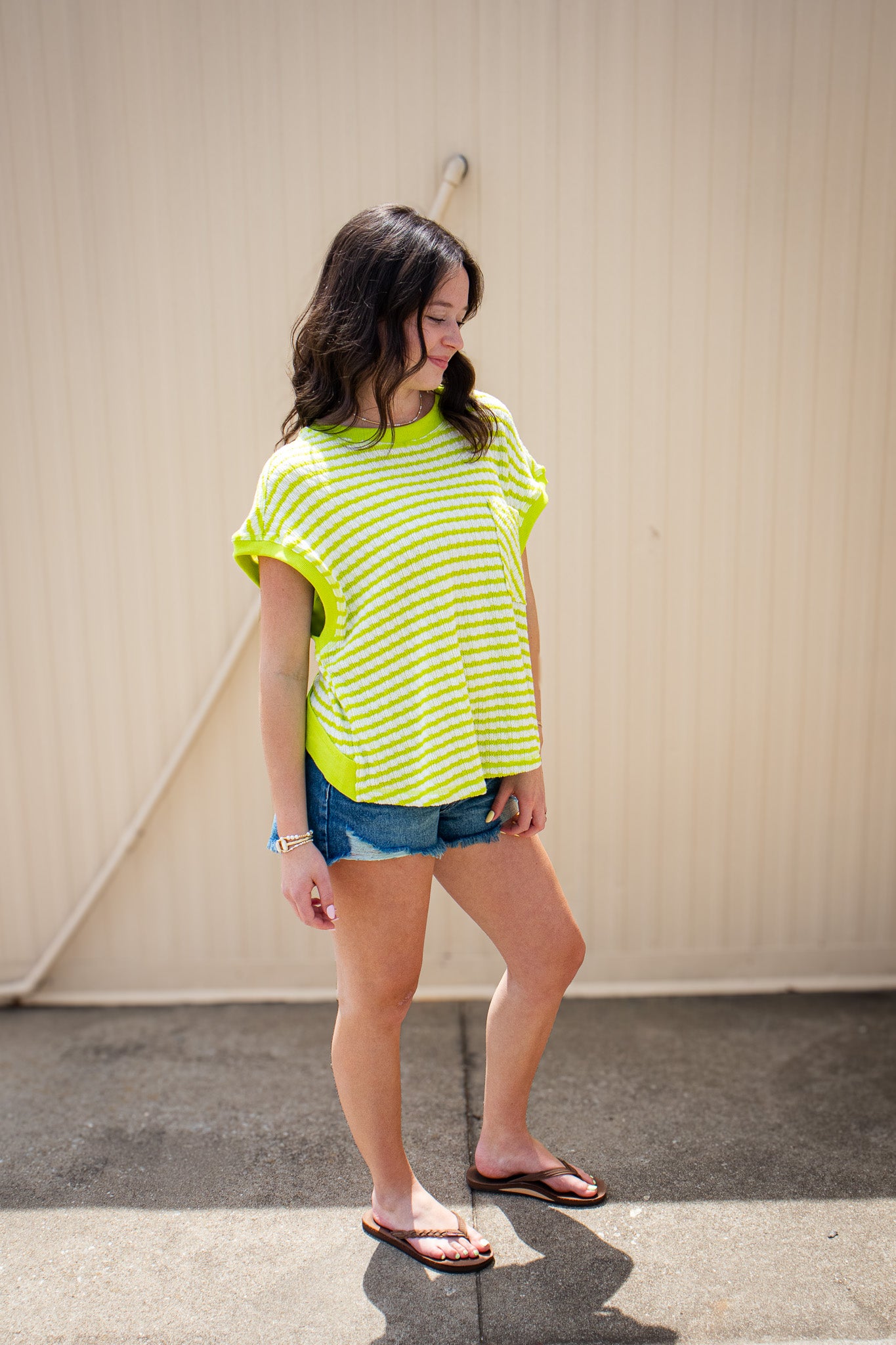 Lime Green Striped Open Back Knit Tee - Relaxed Textured Top