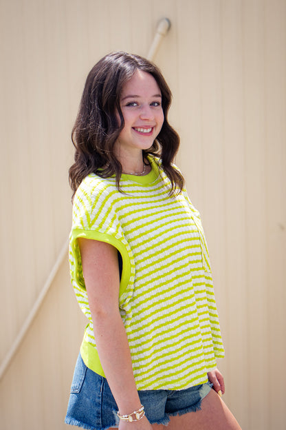 Lime Green Striped Open Back Knit Tee - Relaxed Textured Top