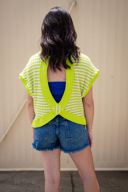 Lime Green Striped Open Back Knit Tee - Relaxed Textured Top
