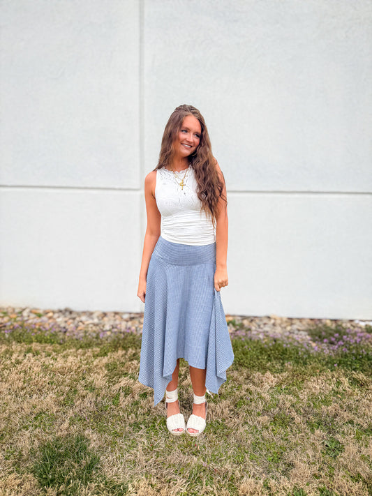 Seaside Stripe Linen Asymmetric Midi Skirt