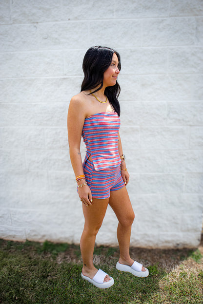 Americana Dream Striped Strapless Peplum & Shorts Set
