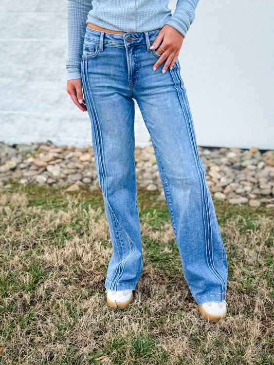 Hidden - Happi - Pintuck Mid Rise Flare Jeans