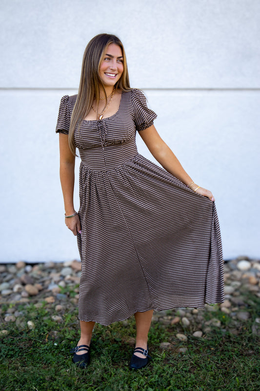 Mocha Mood Gingham Midi Dress