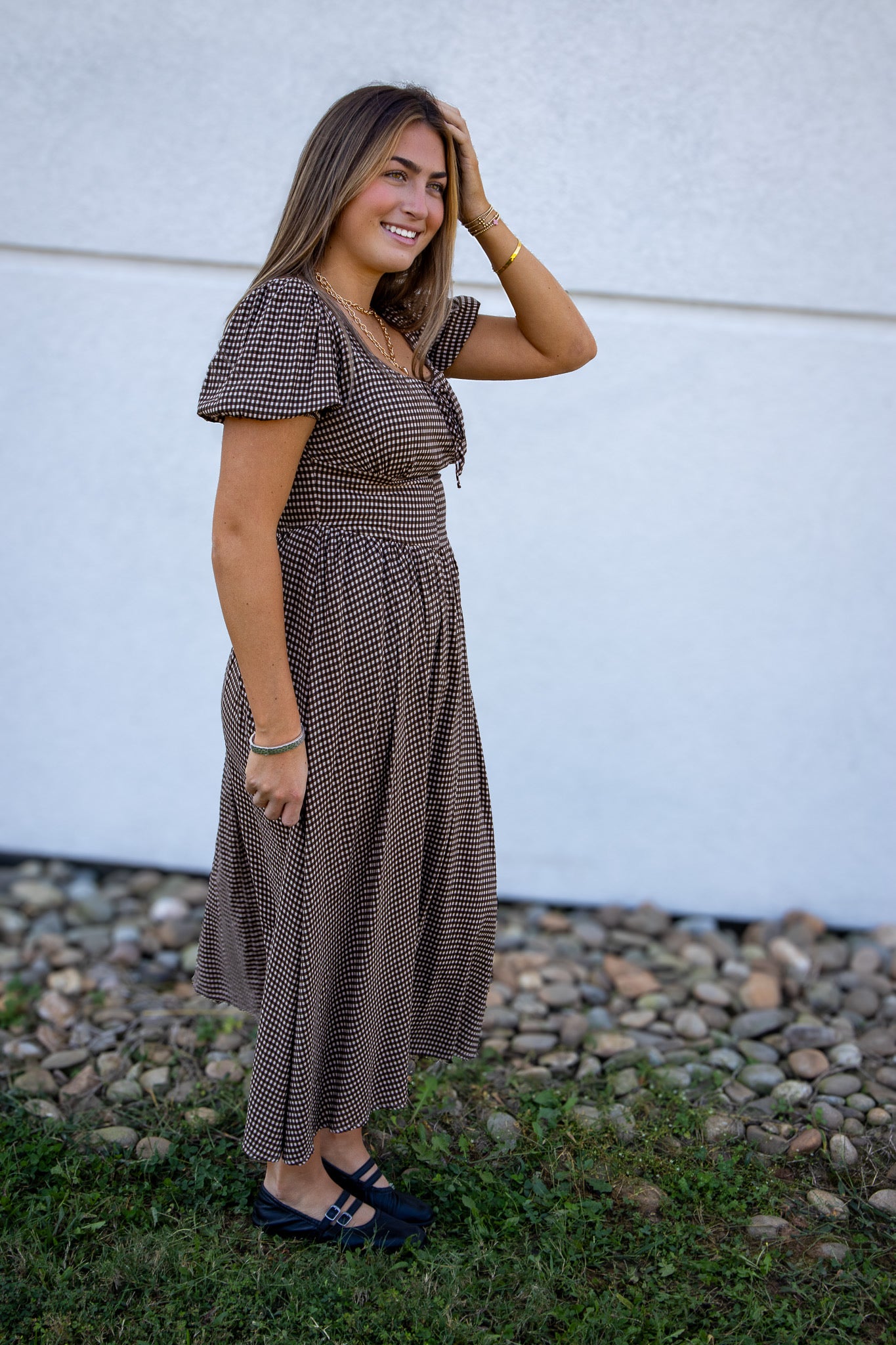 Mocha Mood Gingham Midi Dress