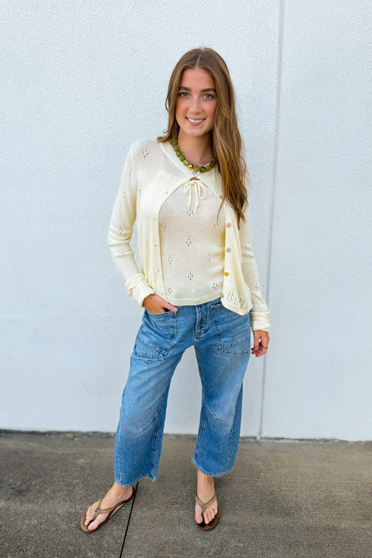 Butter Yellow Eyelet Cardigan Set