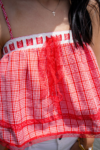 Red Ribbon Gingham Crop Top