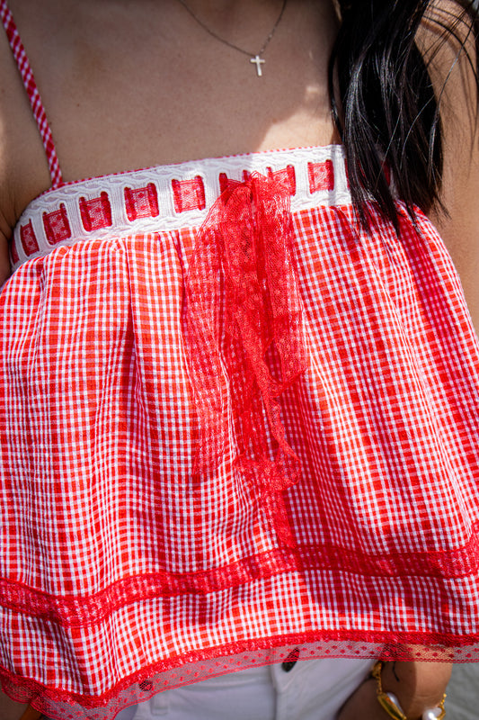 Red Ribbon Gingham Crop Top