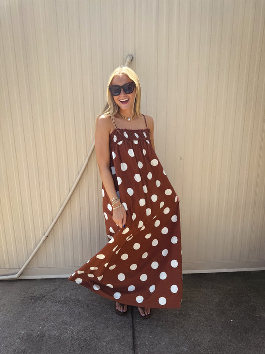 Sienna Brown Pretty In Polka Dot Flowy Maxi Dress with Pockets