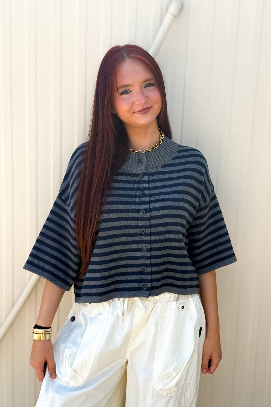 Sideline Striped Cardigan - Grey & Navy Short Sleeve Knit