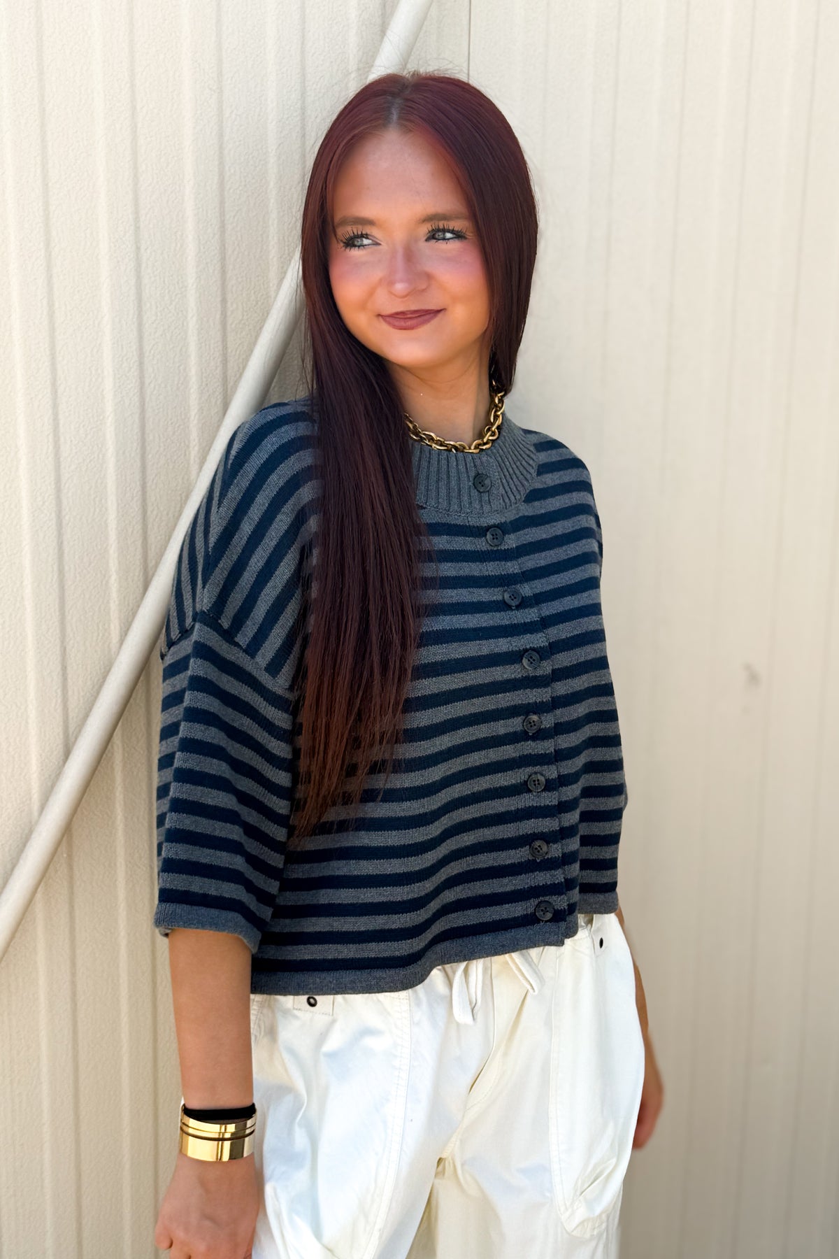Sideline Striped Cardigan - Grey & Navy Short Sleeve Knit