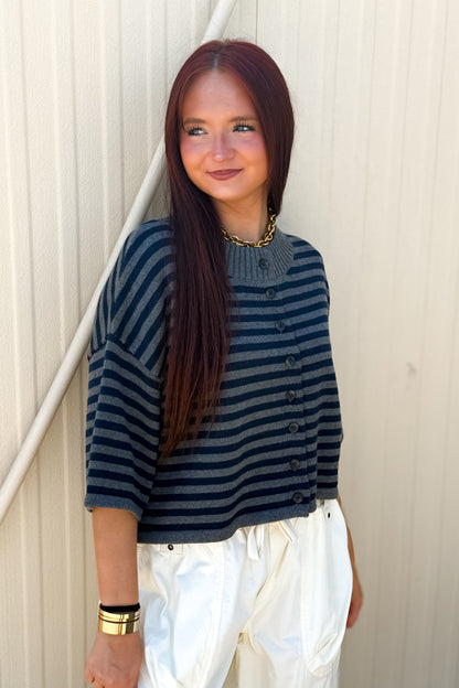 Sideline Striped Cardigan - Grey & Navy Short Sleeve Knit
