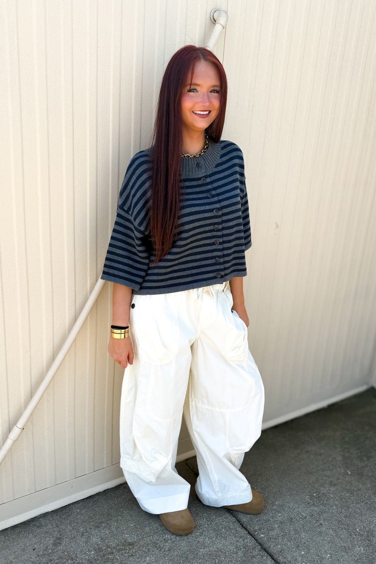 Sideline Striped Cardigan - Grey & Navy Short Sleeve Knit