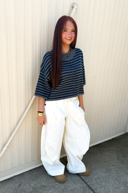 Sideline Striped Cardigan - Grey & Navy Short Sleeve Knit