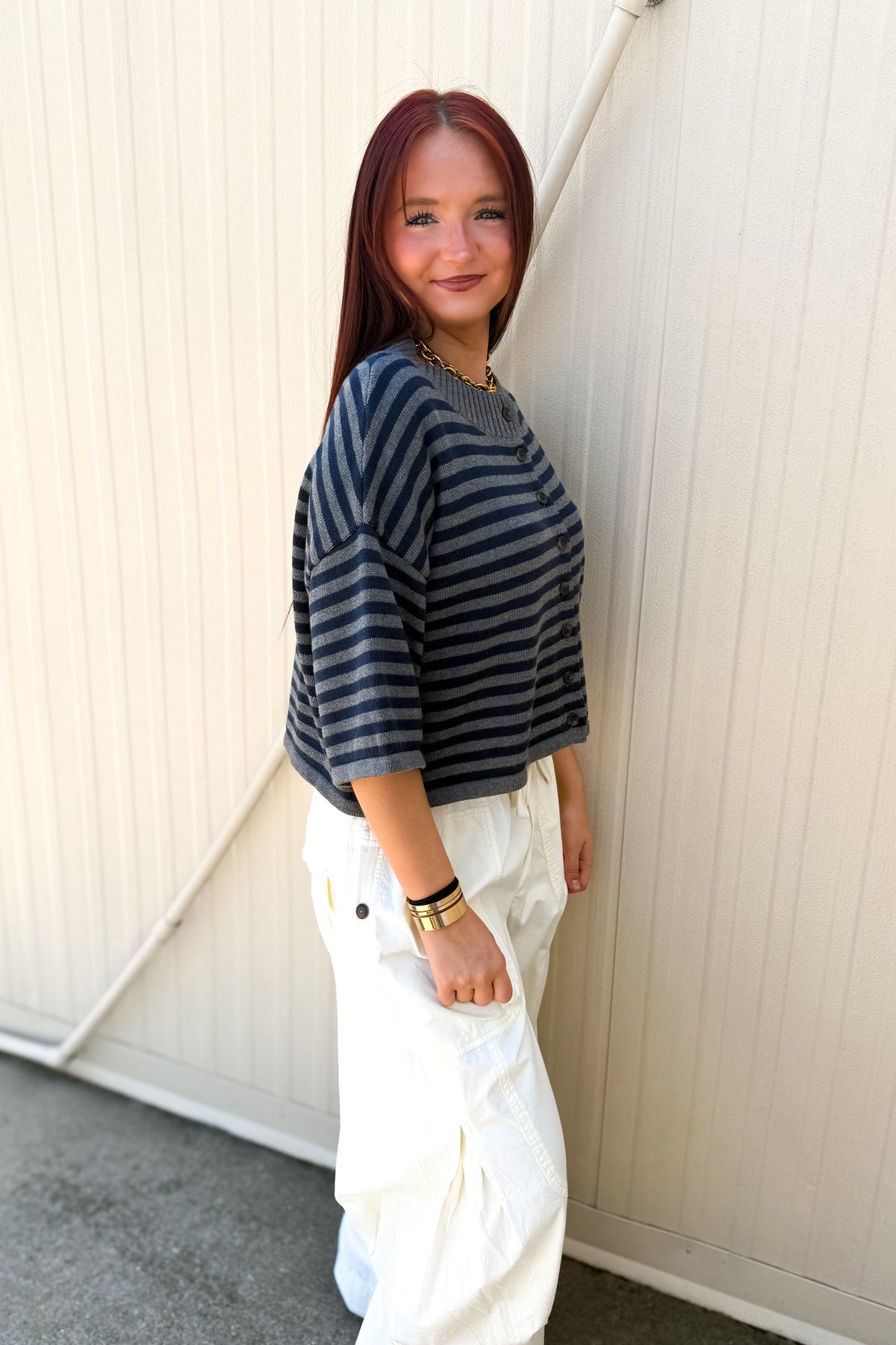 Sideline Striped Cardigan - Grey & Navy Short Sleeve Knit