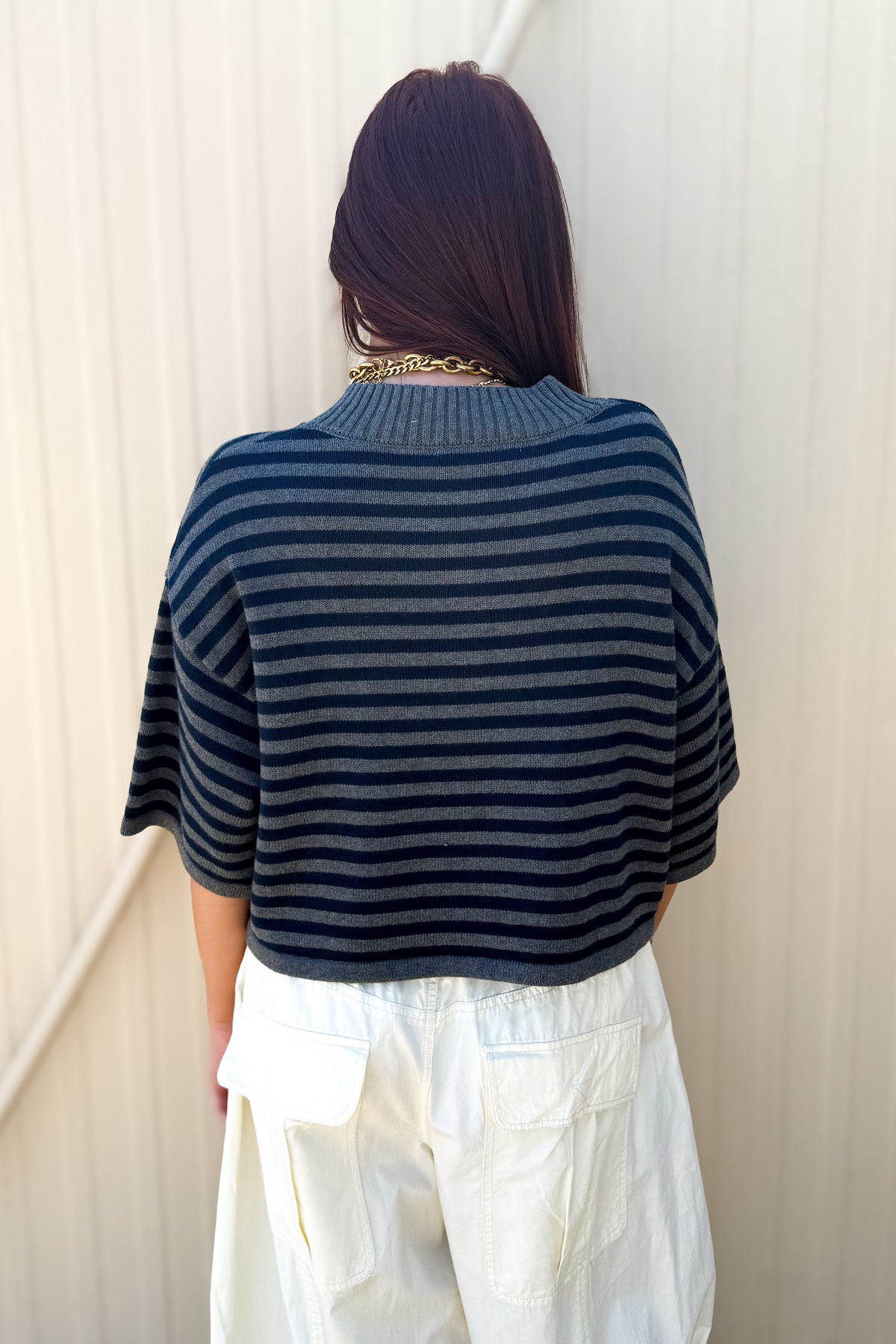 Sideline Striped Cardigan - Grey & Navy Short Sleeve Knit