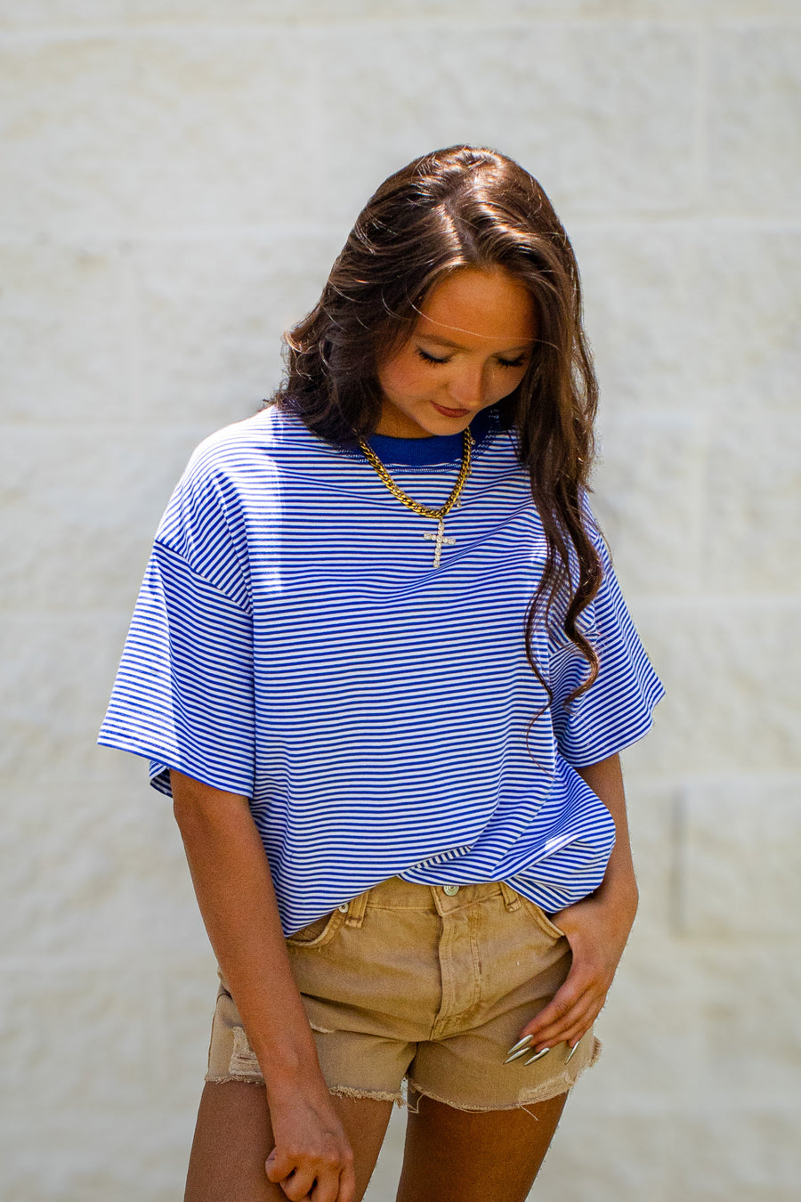 Coastal Blue Striped Oversized Drop Shoulder Tee