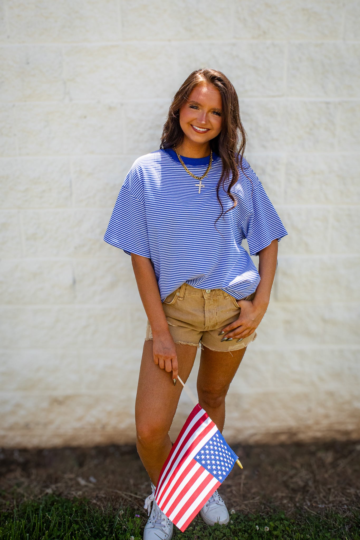 Coastal Blue Striped Oversized Drop Shoulder Tee