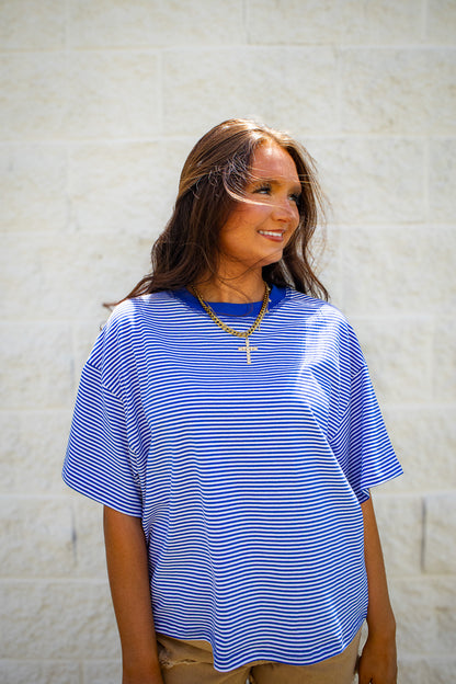 Coastal Blue & White Striped Oversized Drop Shoulder Tee