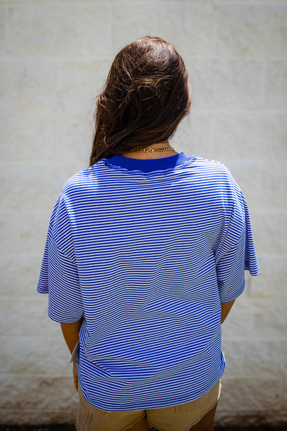 Coastal Blue & White Striped Oversized Drop Shoulder Tee