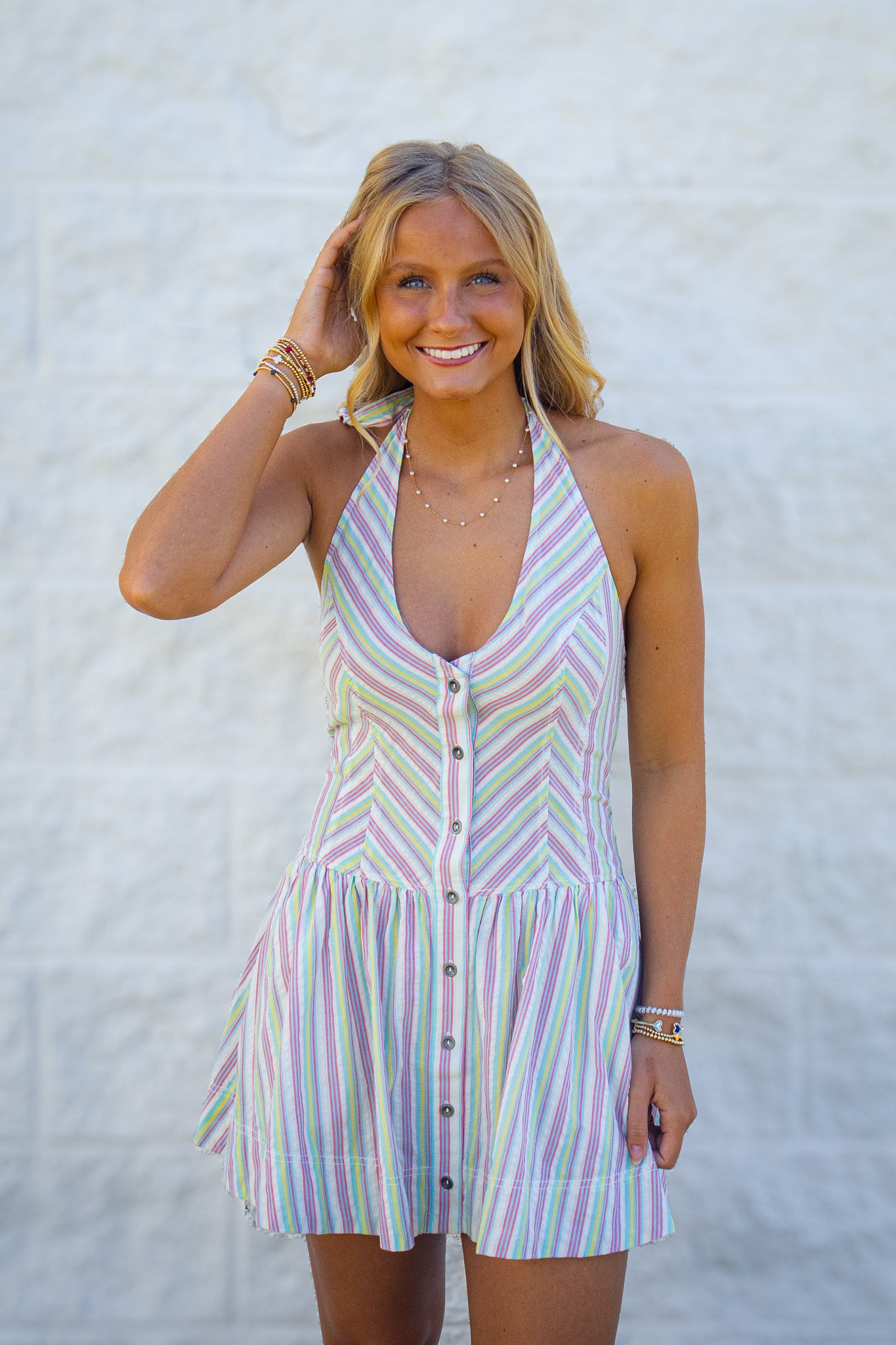 Free People - Clean Break Striped Cotton Halter Mini Dress - Multi