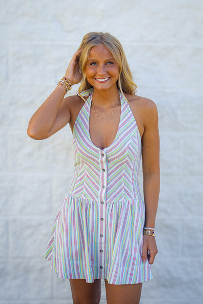 Free People - Clean Break Striped Cotton Halter Mini Dress - Multi