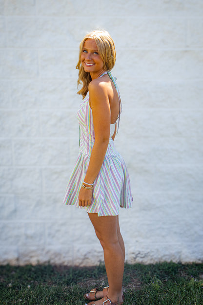 Free People - Clean Break Striped Cotton Halter Mini Dress - Multi