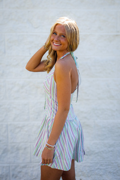 Free People - Clean Break Striped Cotton Halter Mini Dress - Multi