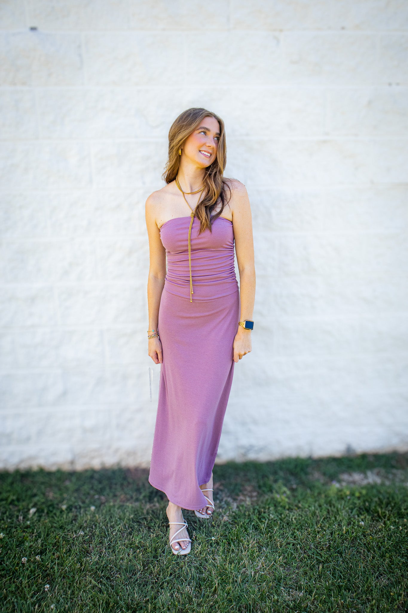 Mauve Moment Strapless Ruched Midi Dress