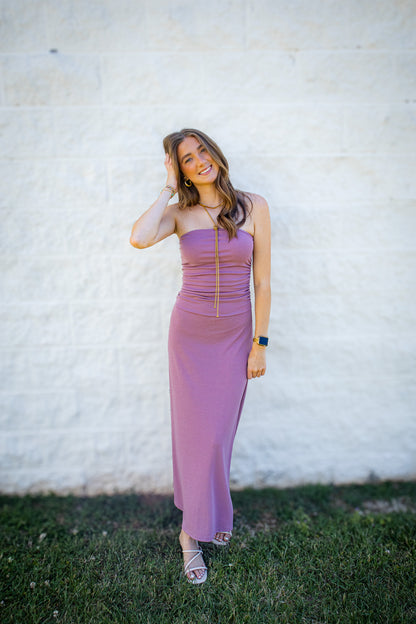 Mauve Moment Strapless Ruched Midi Dress
