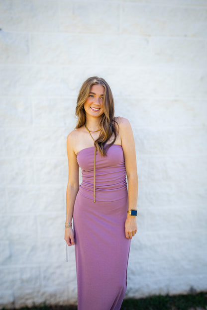 Mauve Moment Strapless Ruched Midi Dress