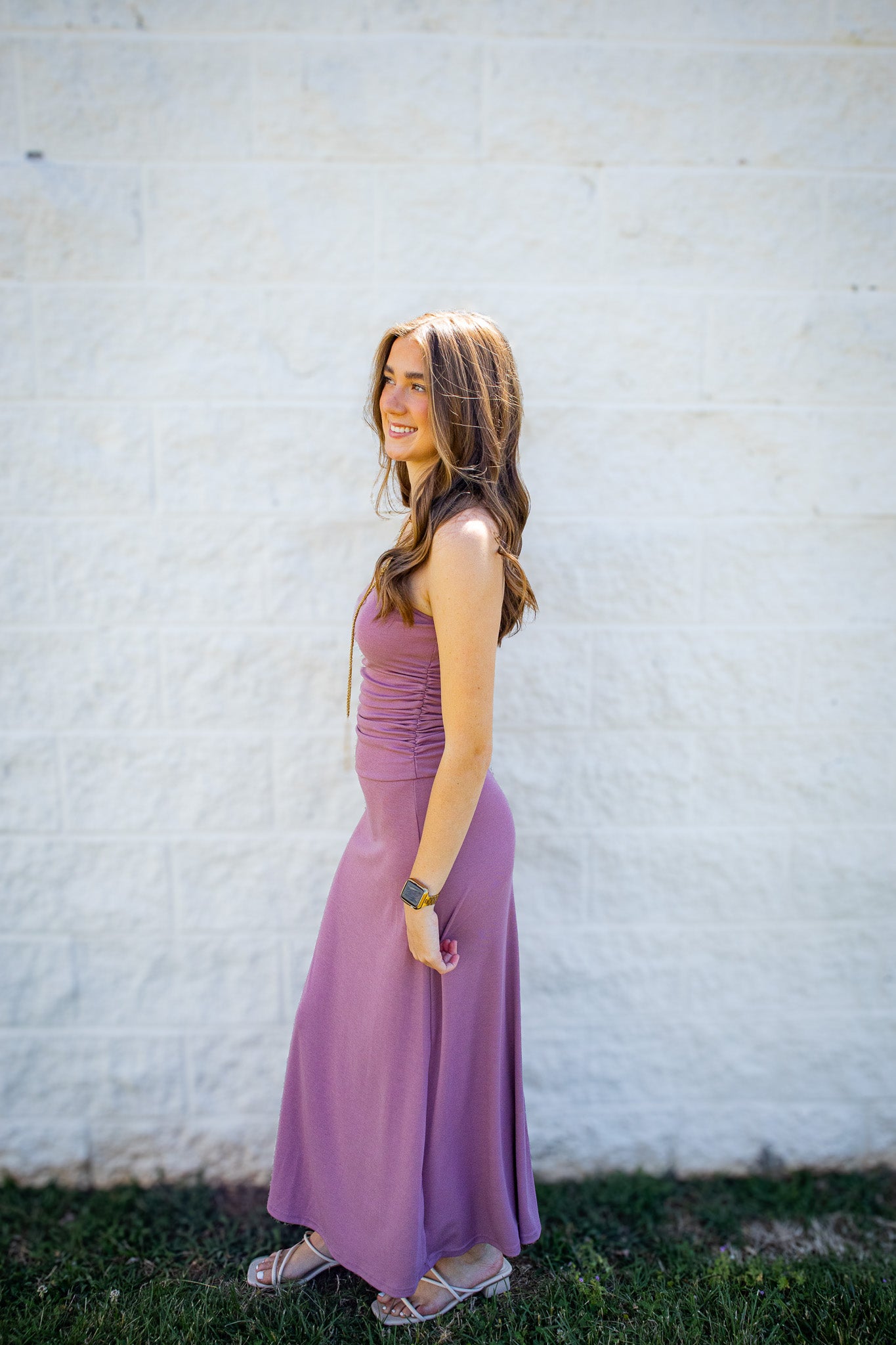 Mauve Moment Strapless Ruched Midi Dress